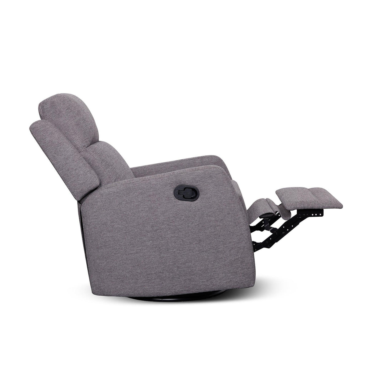 Side view of grey fabric recliner chair with extended footrest on white background