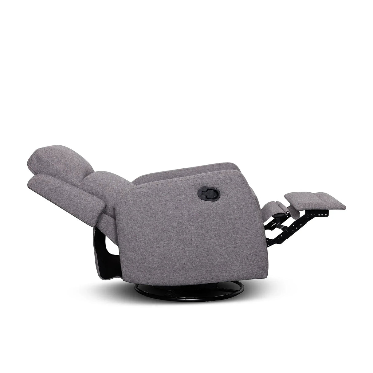 Grey fabric recliner chair with extended footrest and black swivel base