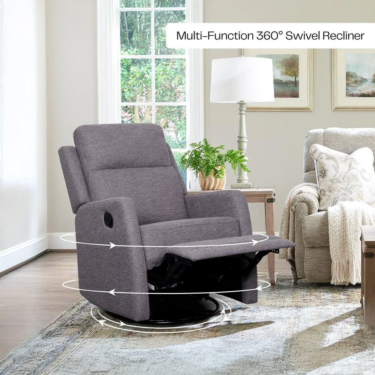 Grey 360° swivel recliner chair in a modern living room setting