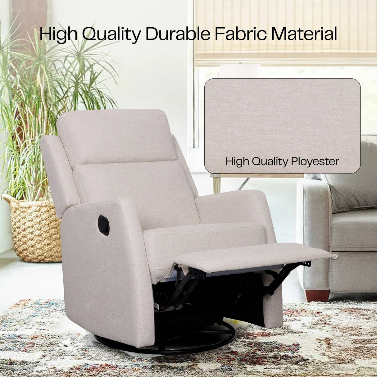 Beige fabric recliner chair with high quality polyester in a bright living room setting
