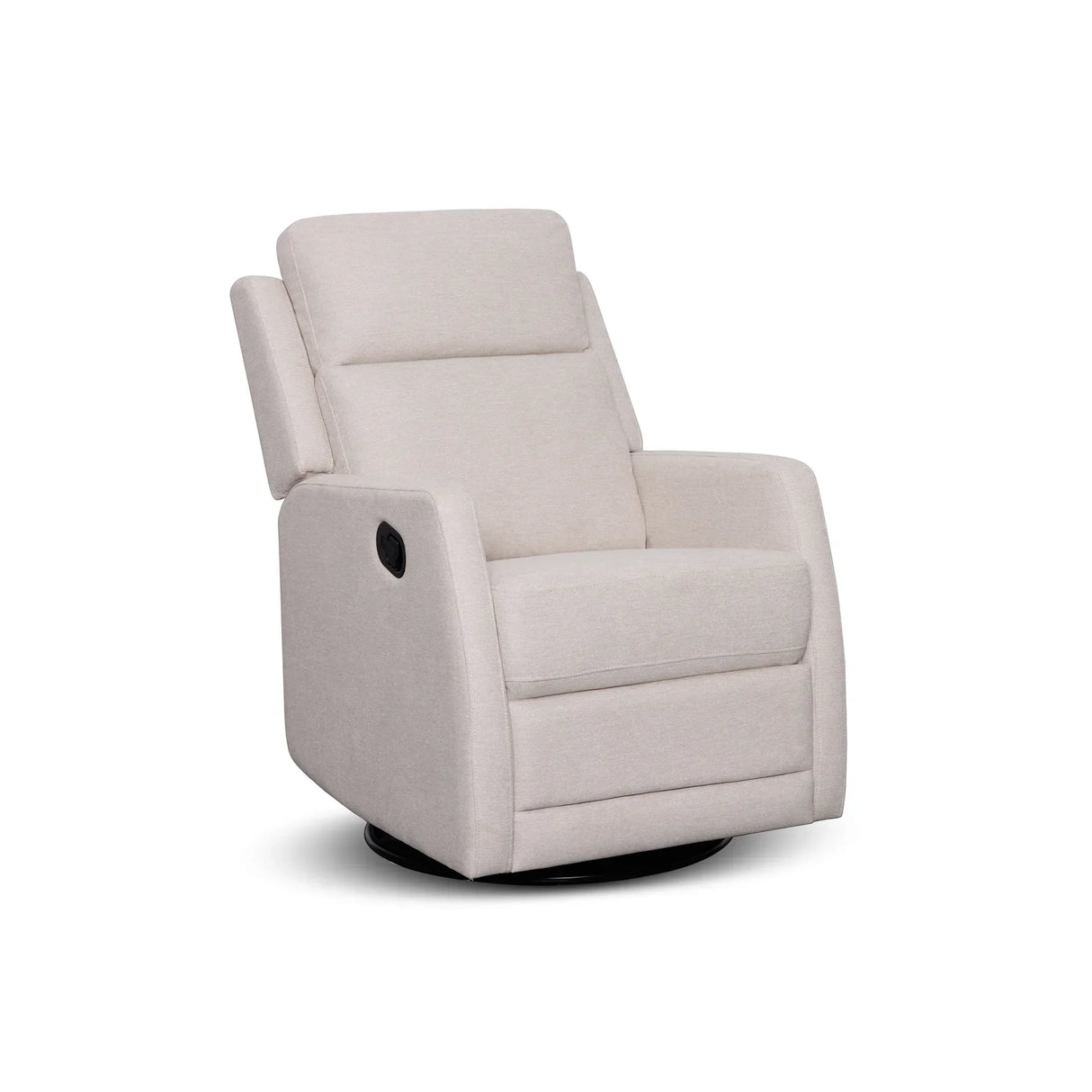 Beige fabric swivel recliner chair with plush cushions on a white background