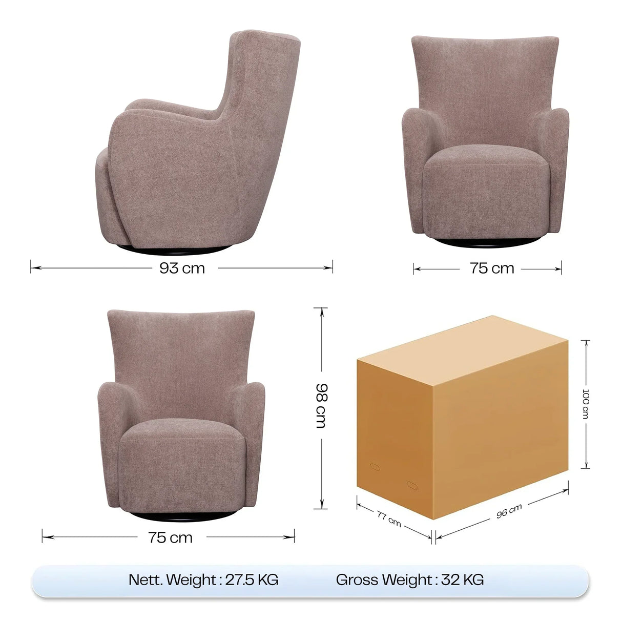 Elite Ash swivel armchair with fabric upholstery, shown from multiple angles with dimensions.