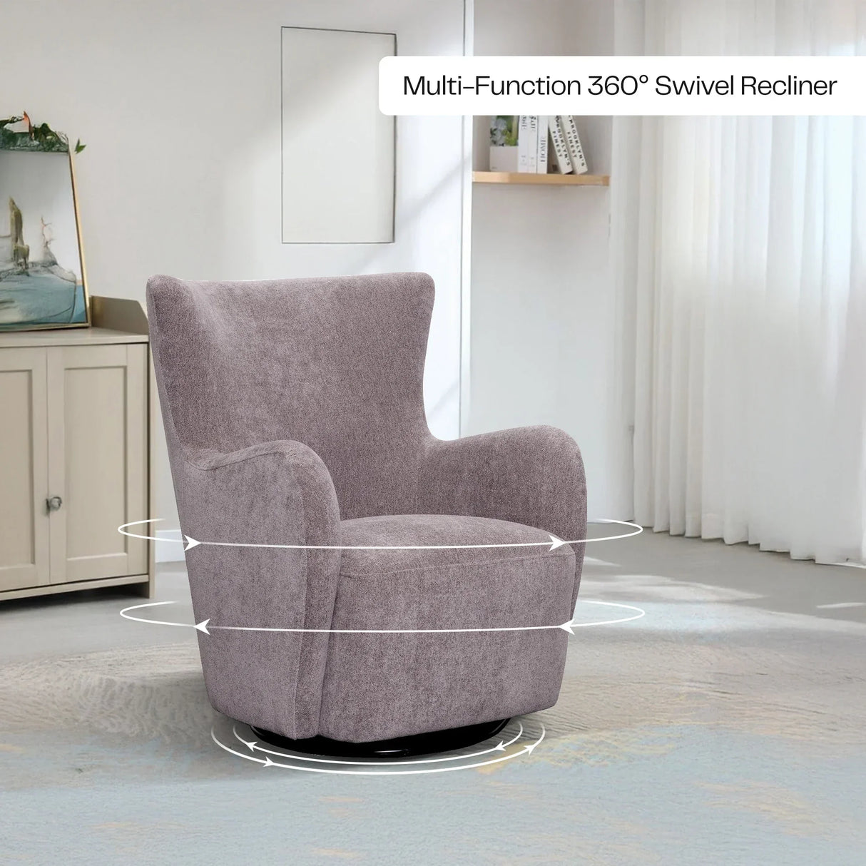 Elite pewter multi-function 360° swivel recliner chair in a modern living room