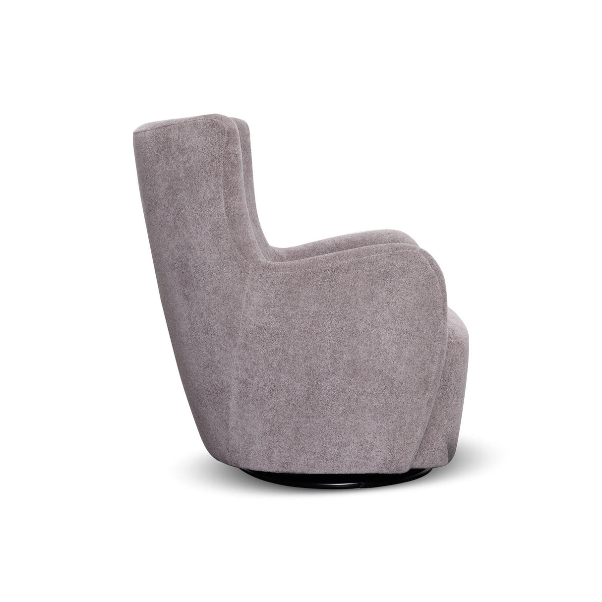 Side view of modern pewter gray swivel accent chair on white background