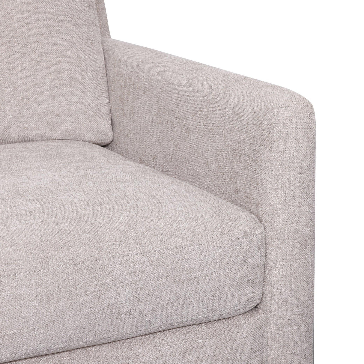 Close-up of modern light beige upholstered sofa arm and seat cushion