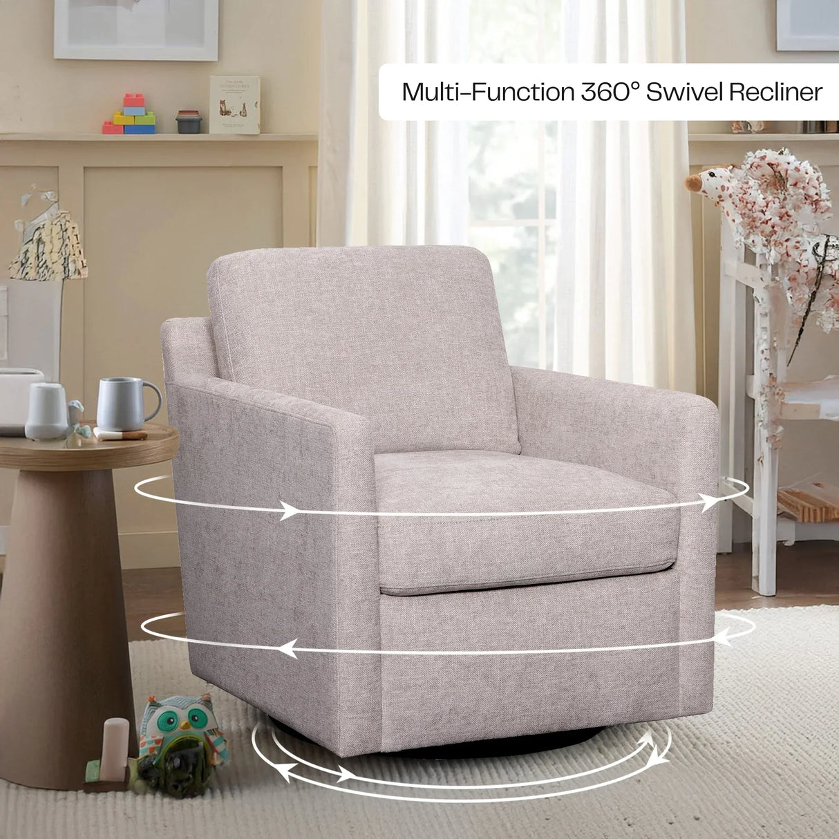 Stone fabric 360-degree swivel recliner chair in cozy living room setting