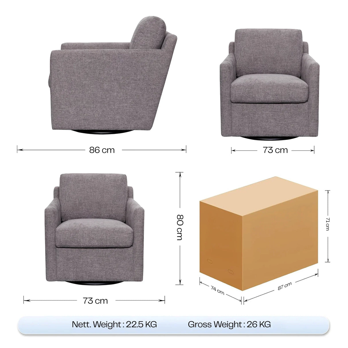 Grey fabric armchair with dimensions 86x73x80cm, packaging box, weight details shown