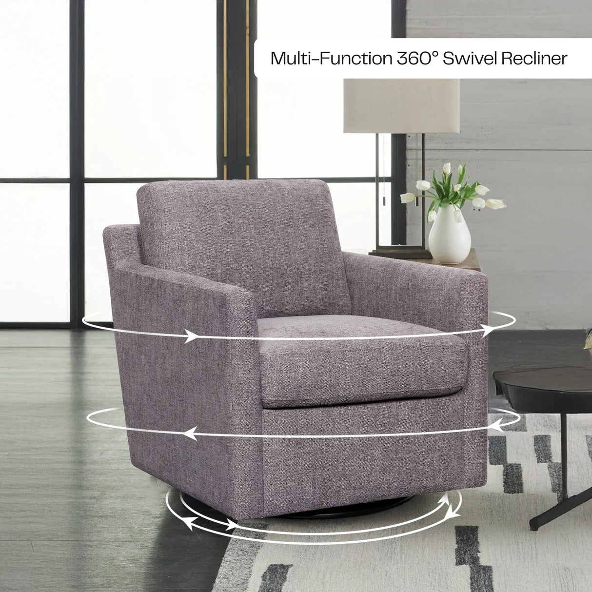 Gray upholstered 360-degree swivel recliner chair in modern living room setting