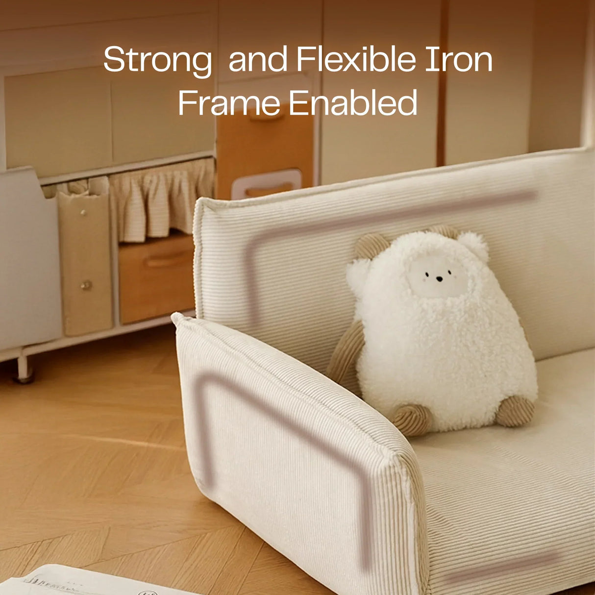 Kids' sofa with strong flexible iron frame, plush sheep toy, beige corduroy fabric