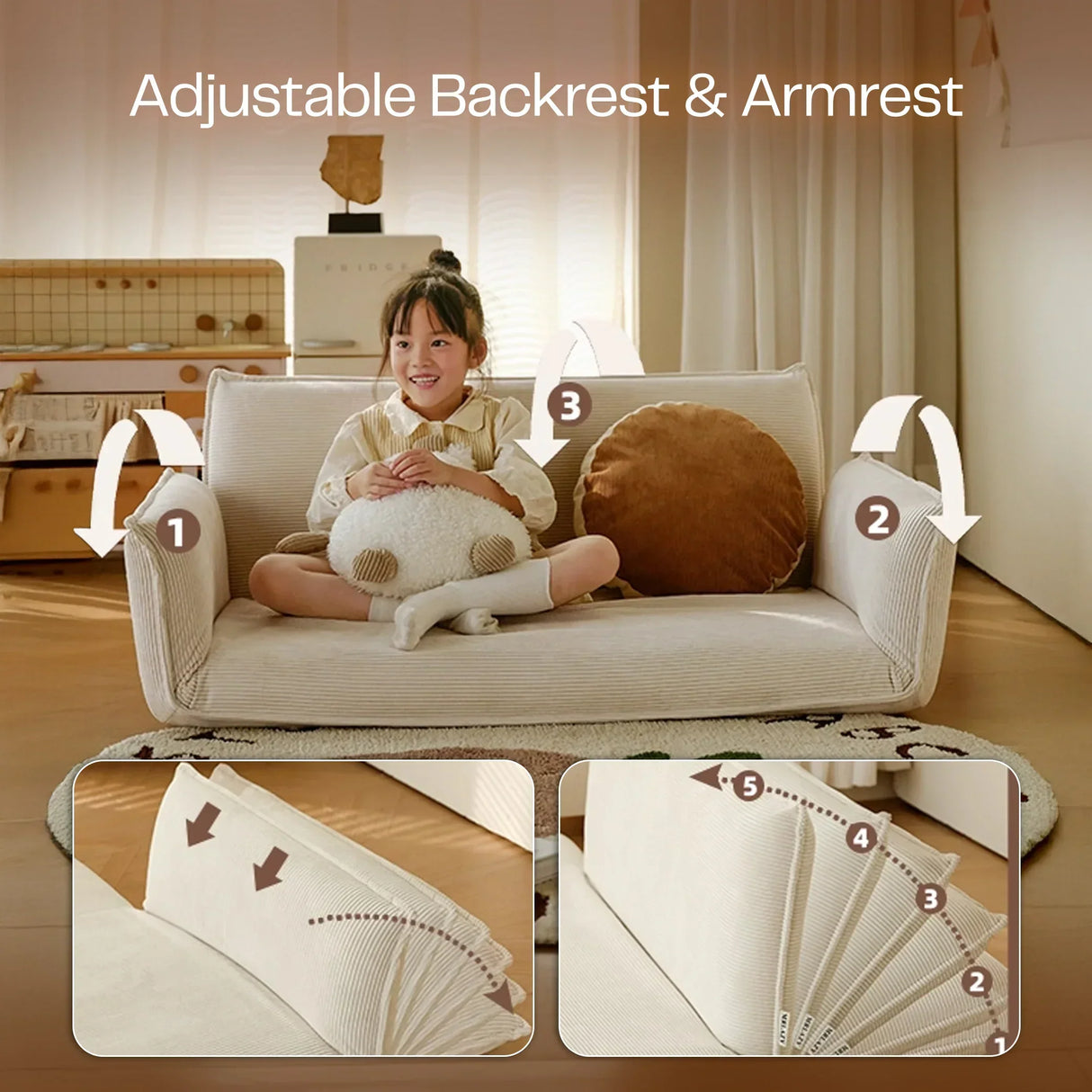 Child sitting on white adjustable kids sofa with moveable backrest and armrests in cozy room