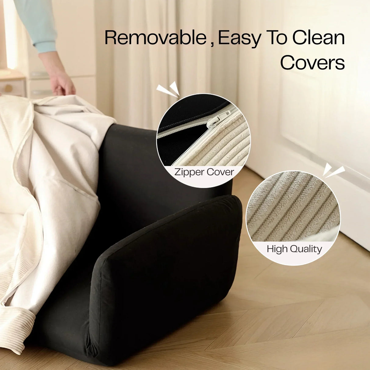Removable easy to clean chair cover with zipper, high quality beige fabric detail shown