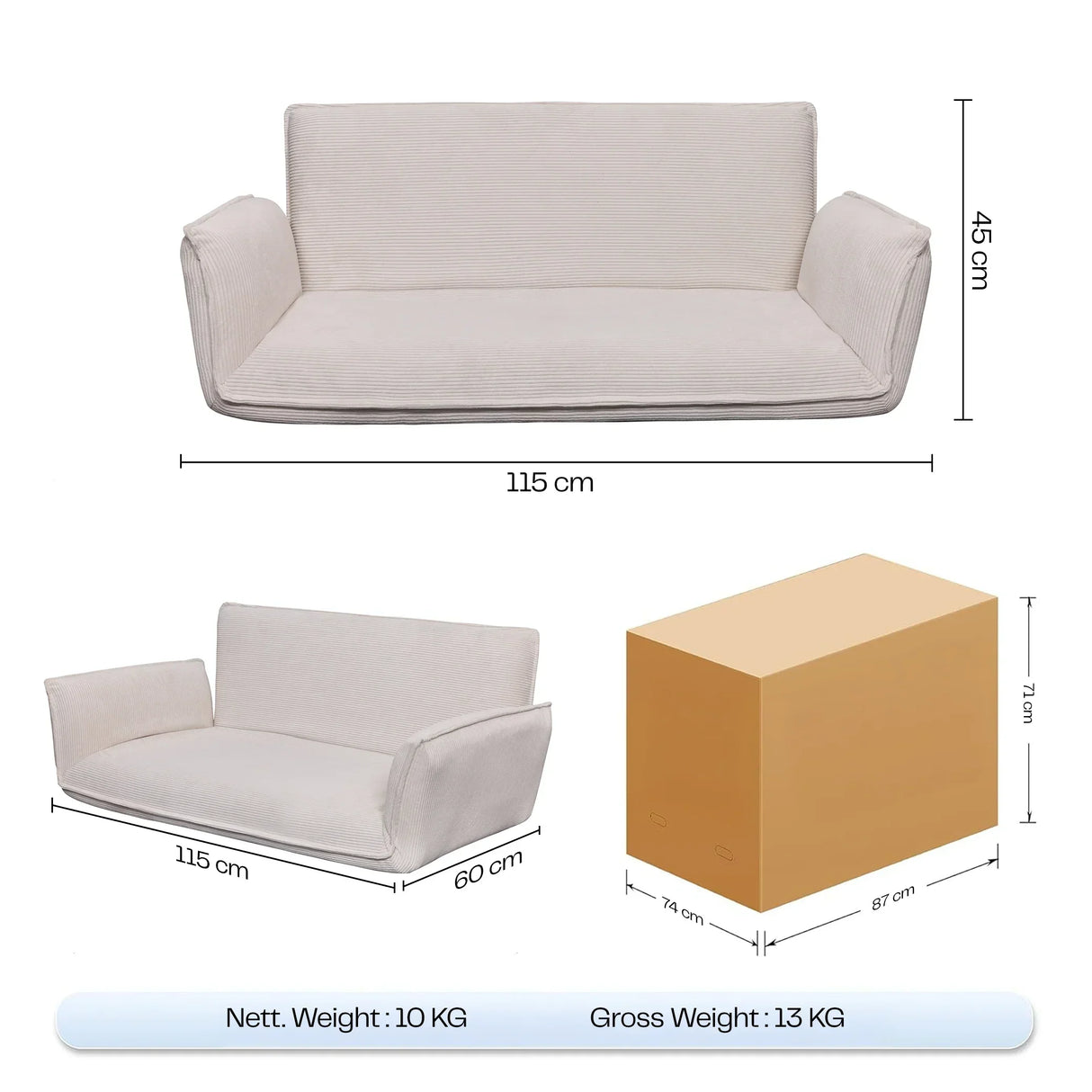 White two-seater sofa with dimensions 115x60x45 cm, packaging box beside it.