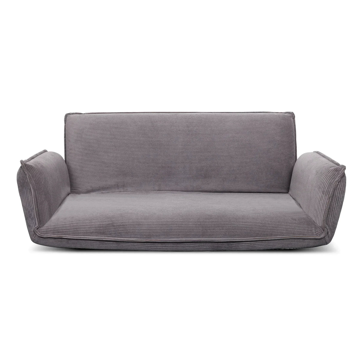 Modern grey corduroy sofa with raised arms and backrest, minimalist design