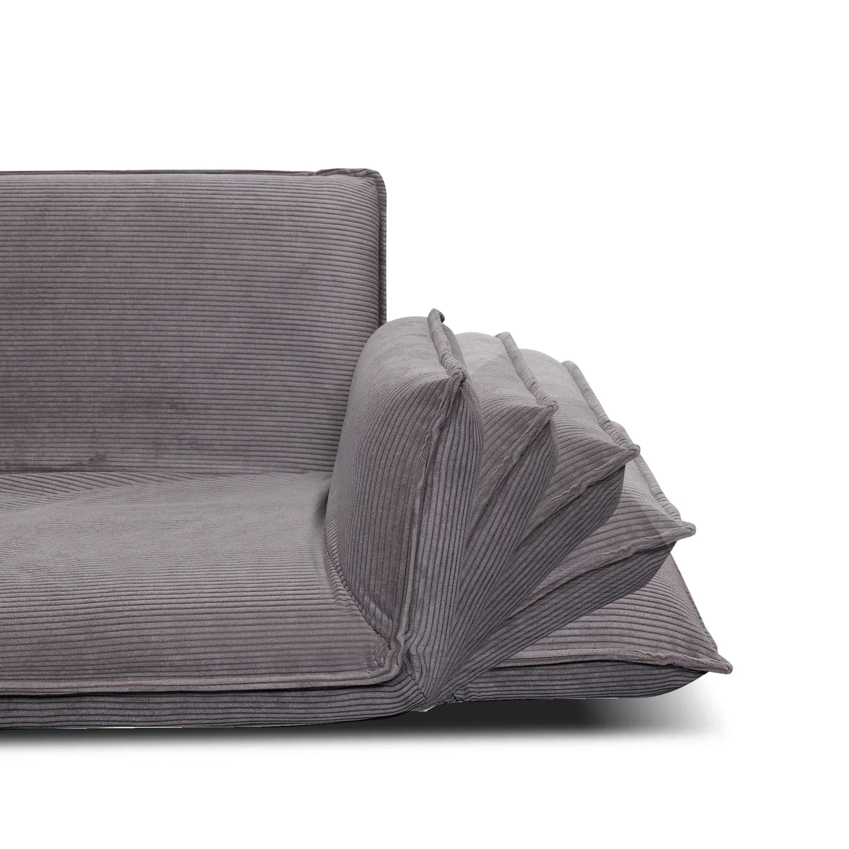 Modern gray corduroy sofa with adjustable armrest and ribbed upholstery detail