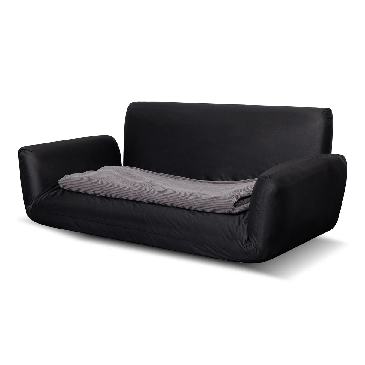 Black modern pet sofa with a grey ribbed cushion, isolated on white background