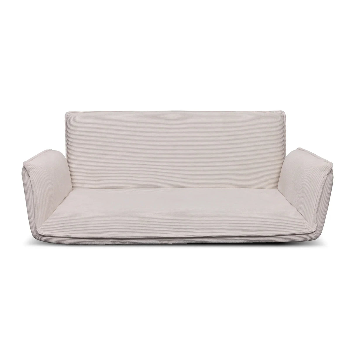 Modern white corduroy sofa couch with wide arms and minimalist design on white background