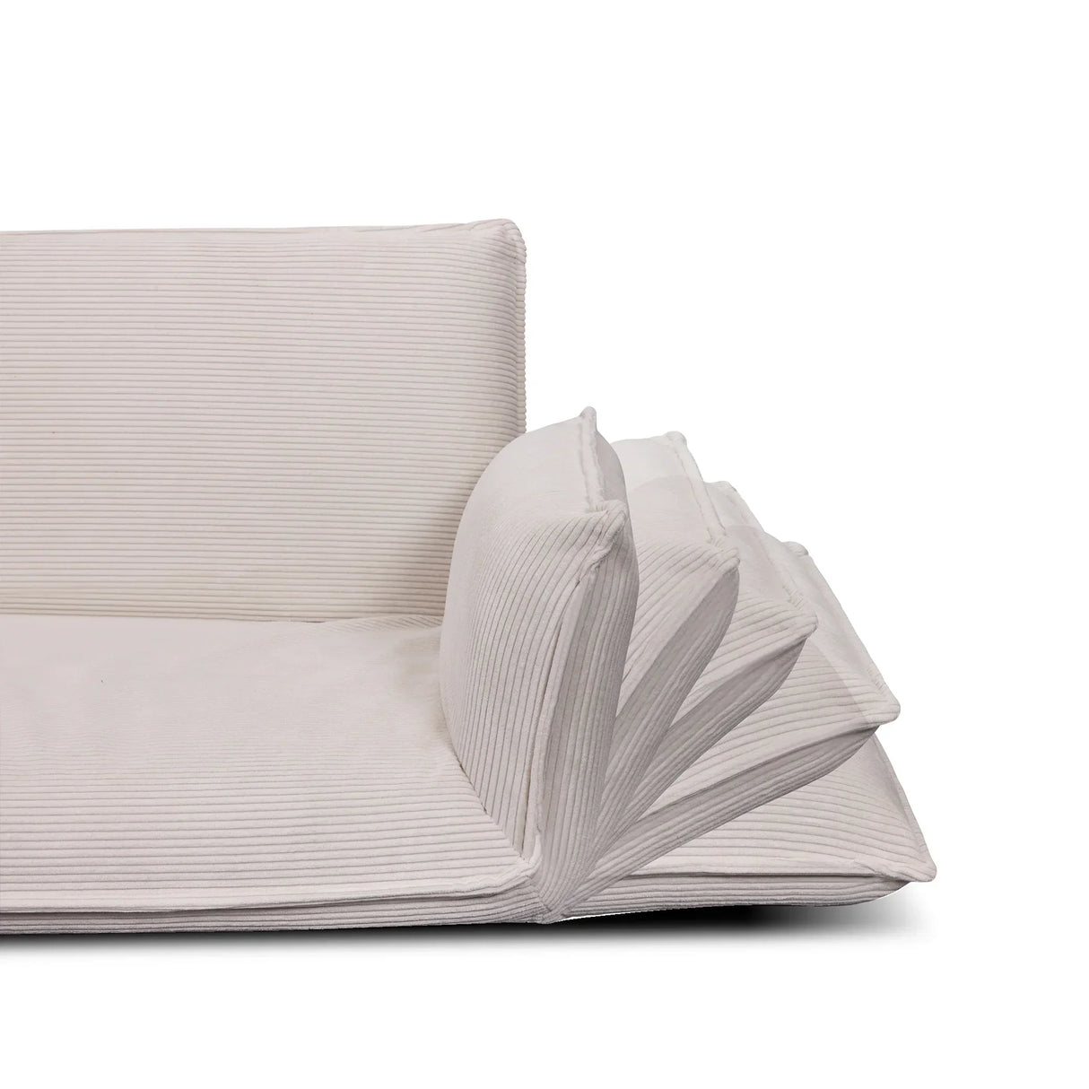Adjustable white corduroy floor sofa with foldable backrest and cushions