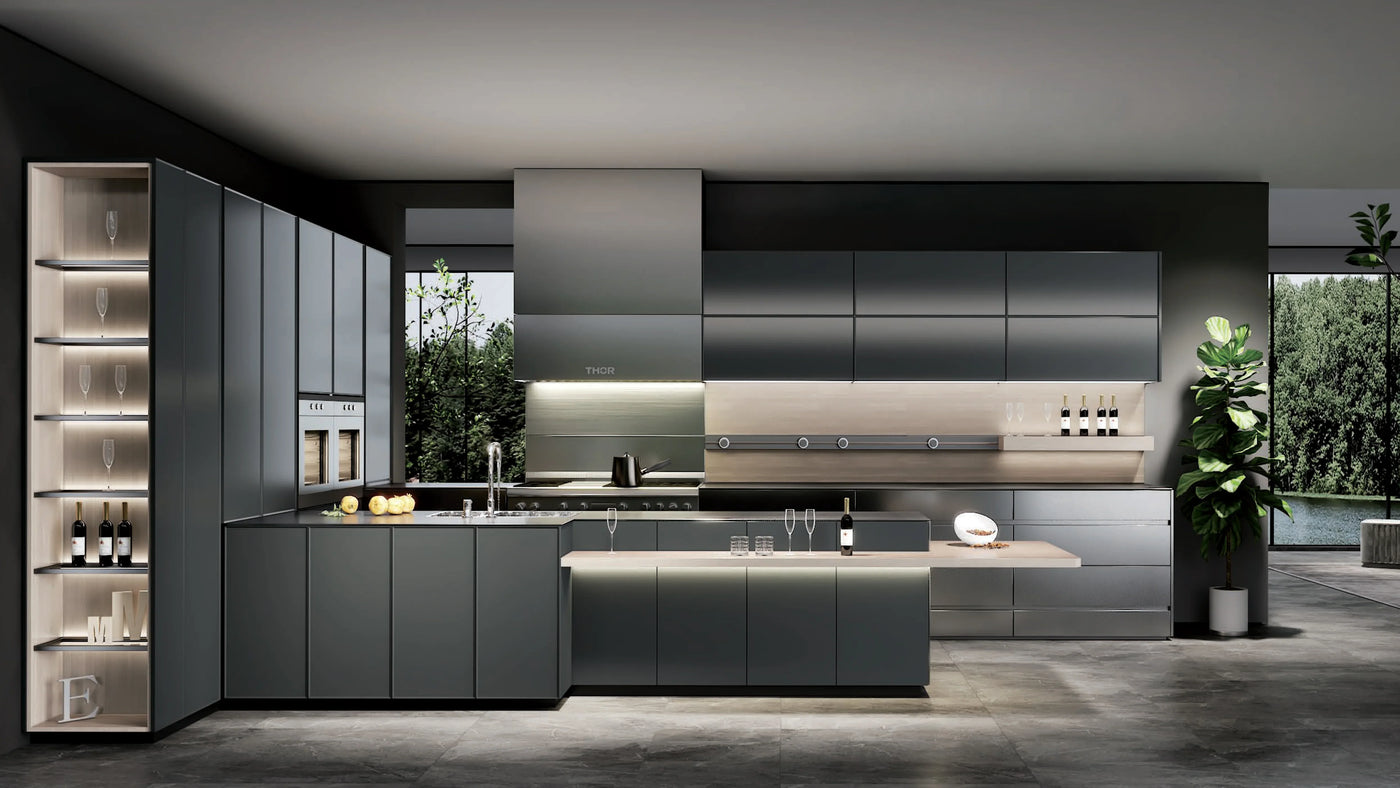 Modern dark gray kitchen cabinets with built-in ovens, illuminated shelves, and a kitchen island