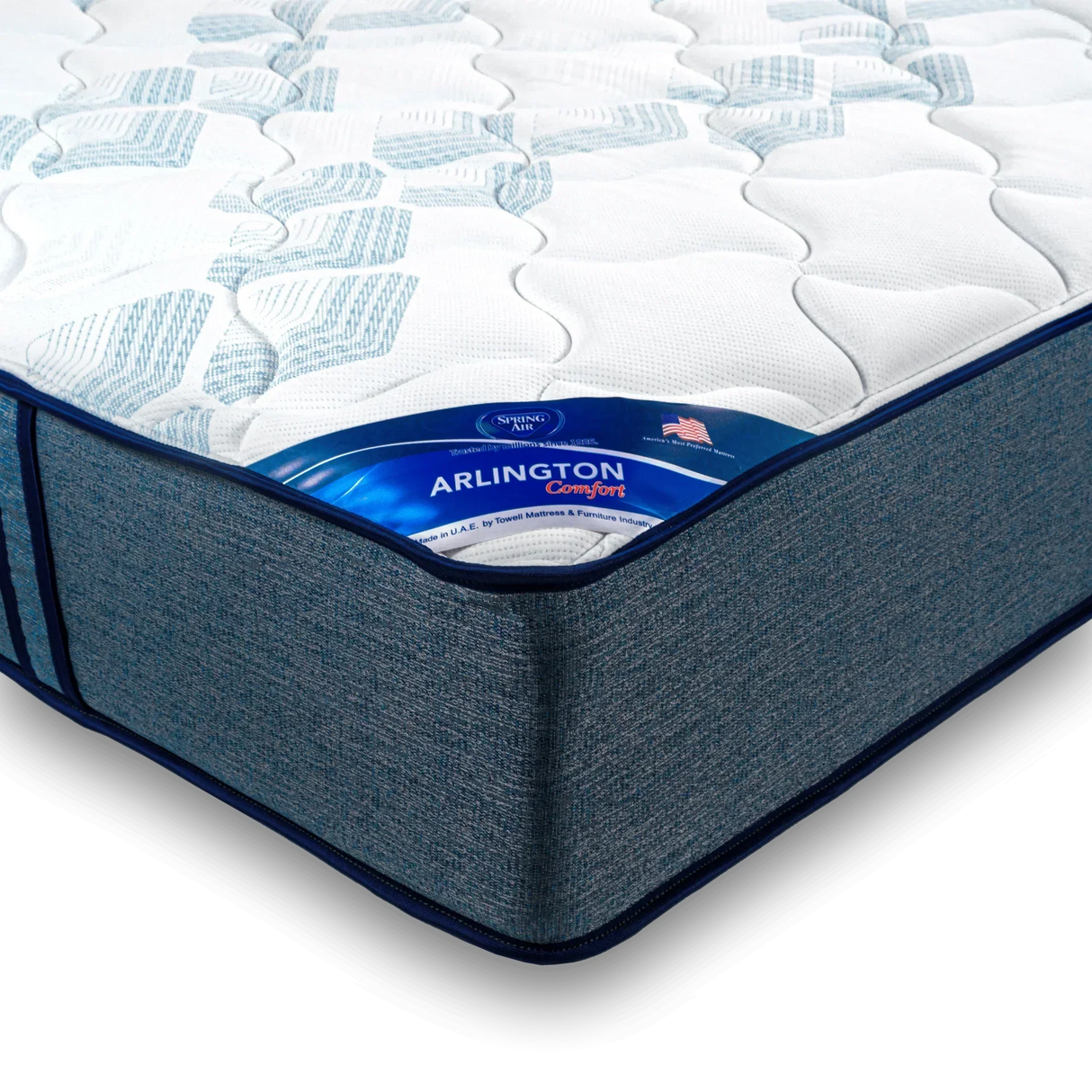 Spring Air Arlington Comfort mattress with blue fabric sides and patterned white top