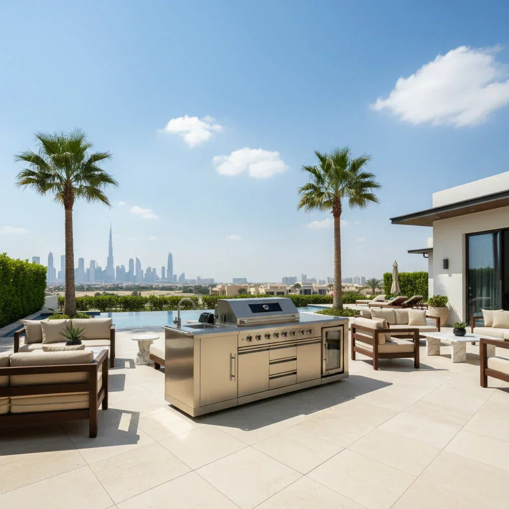 Luxury outdoor kitchen with stainless steel grill island, pool, palm trees, and city skyline view