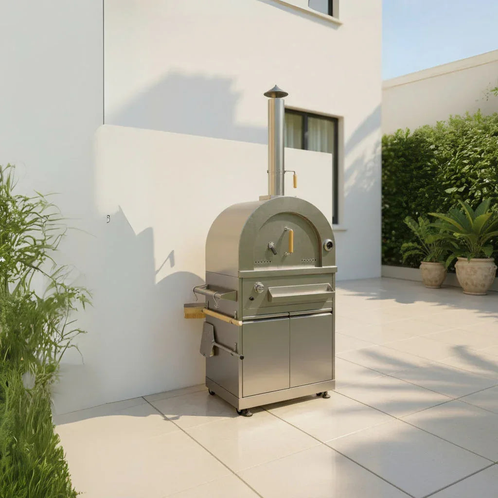 Stainless steel outdoor pizza oven with chimney on modern patio by white building