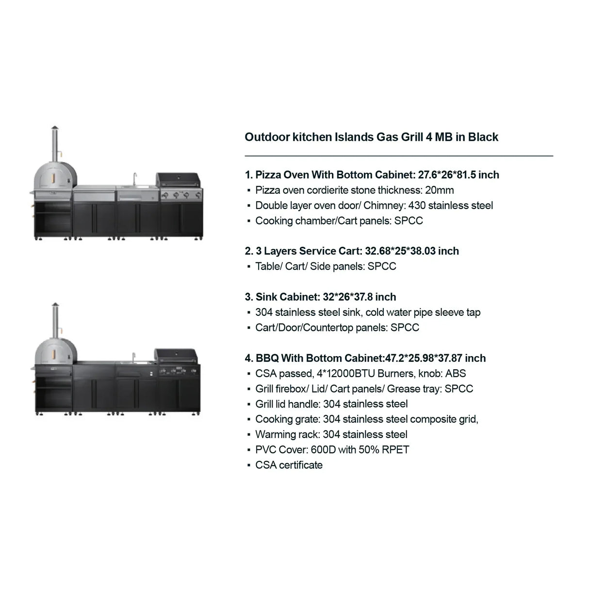 Black outdoor kitchen island set with pizza oven, grill, sink, service cart, HOCC UAE home decor