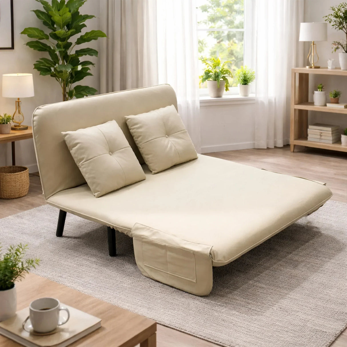 Beige two-seater sofa bed with cushions in a modern living room, HOCC home decor UAE