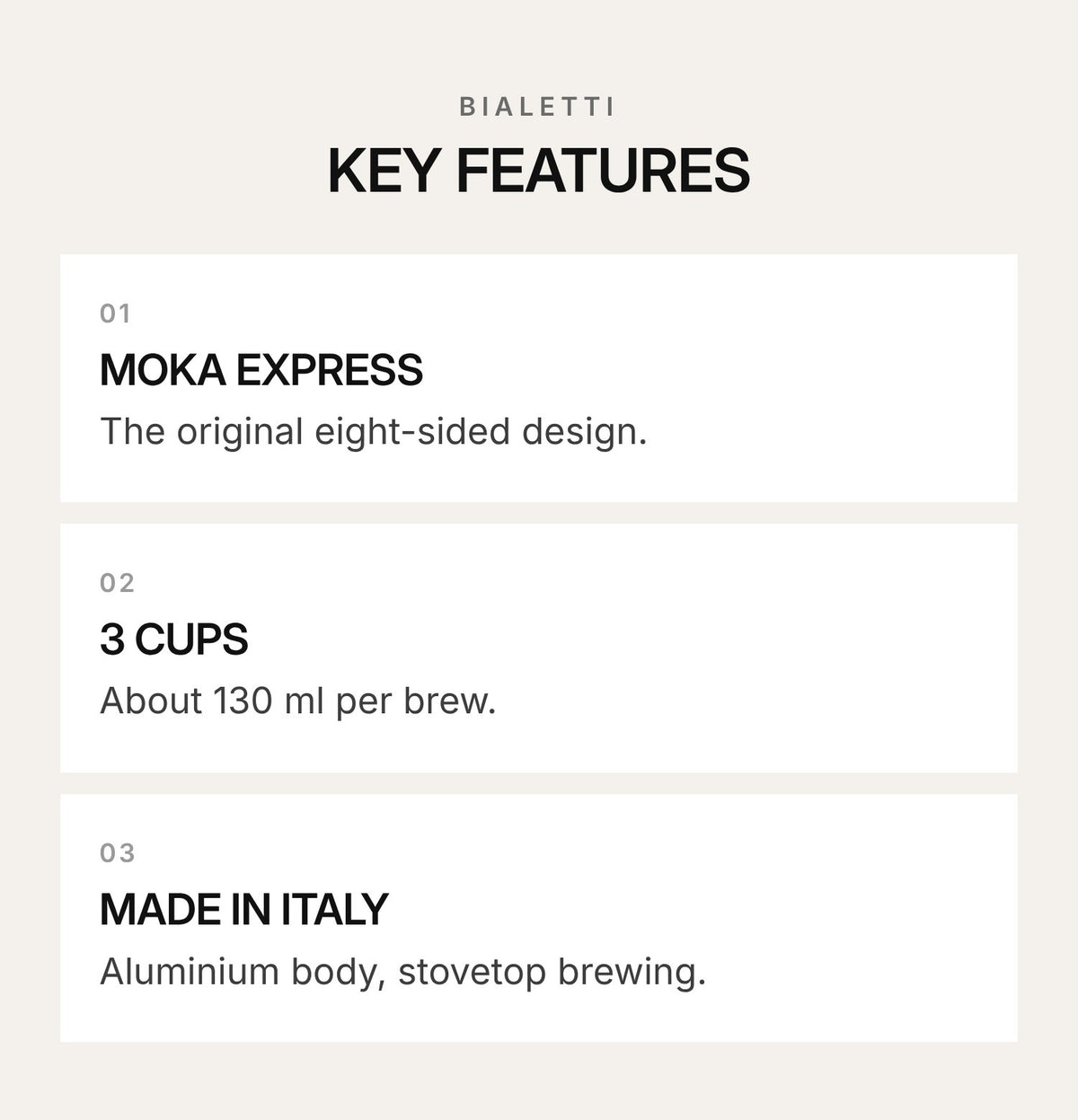 Bialetti Moka Express Italia 3-Cup – highlights: features