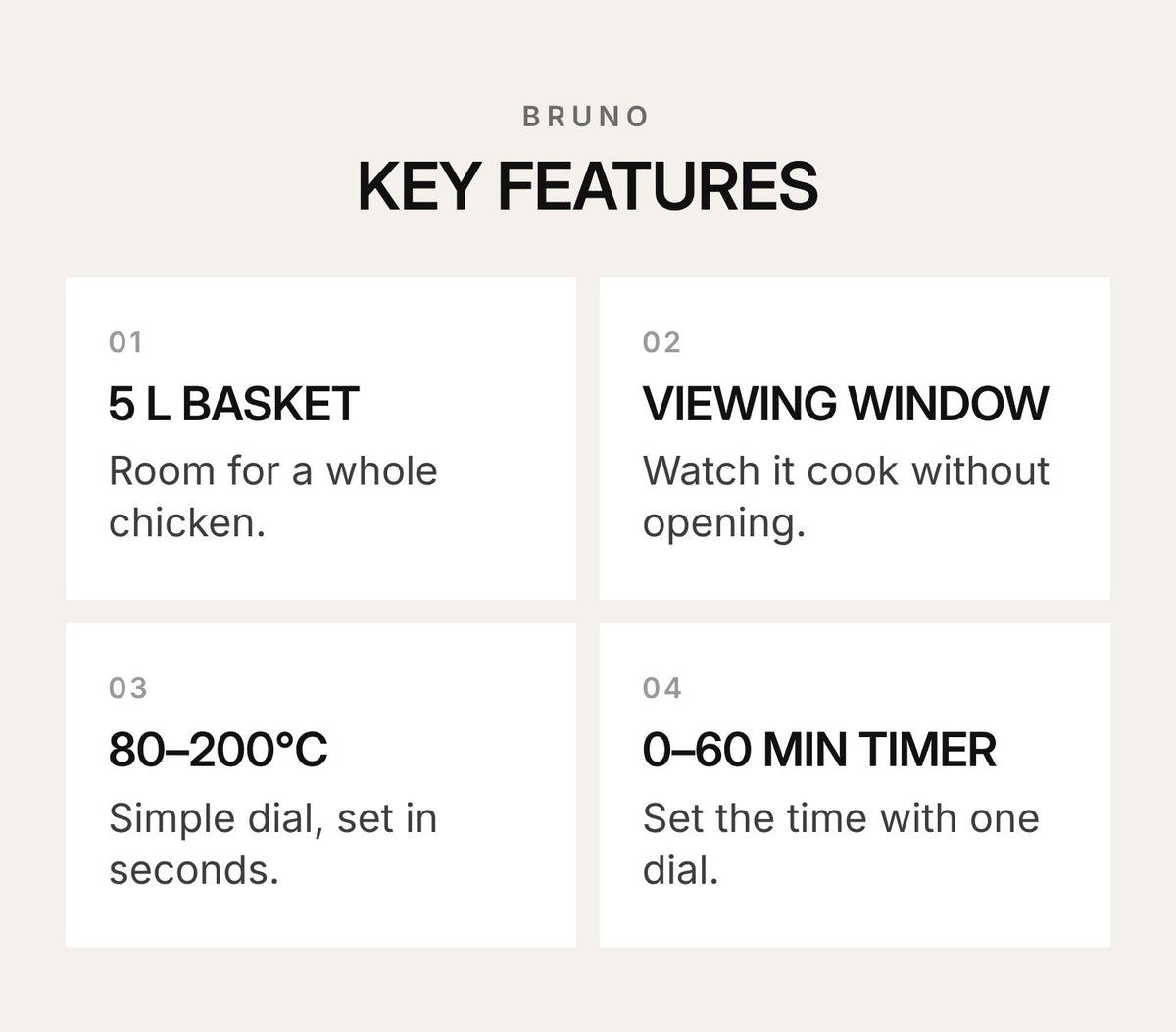 BRUNO BOE129 Retro Air Fryer 5L – Ivory – highlights: features