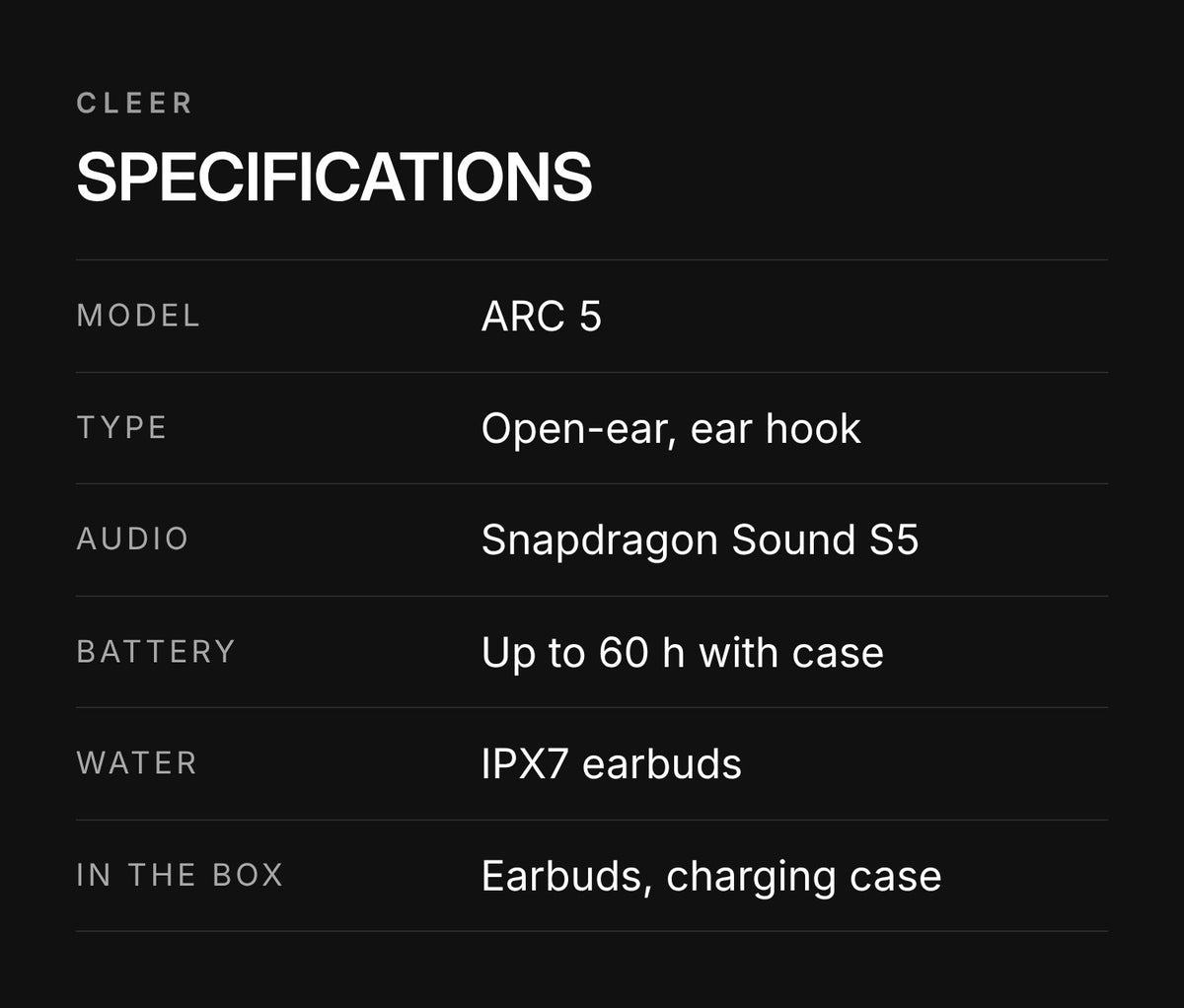 Cleer ARC 5 Open-Ear Wireless Earbuds – highlights: specs