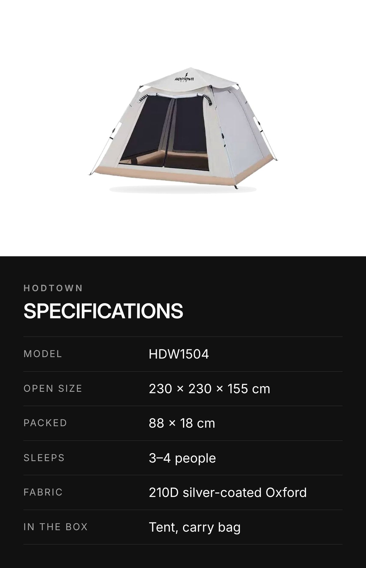 HODTOWN HDW1504 Pop-Up Four-Sided Camping Tent – highlights: specs