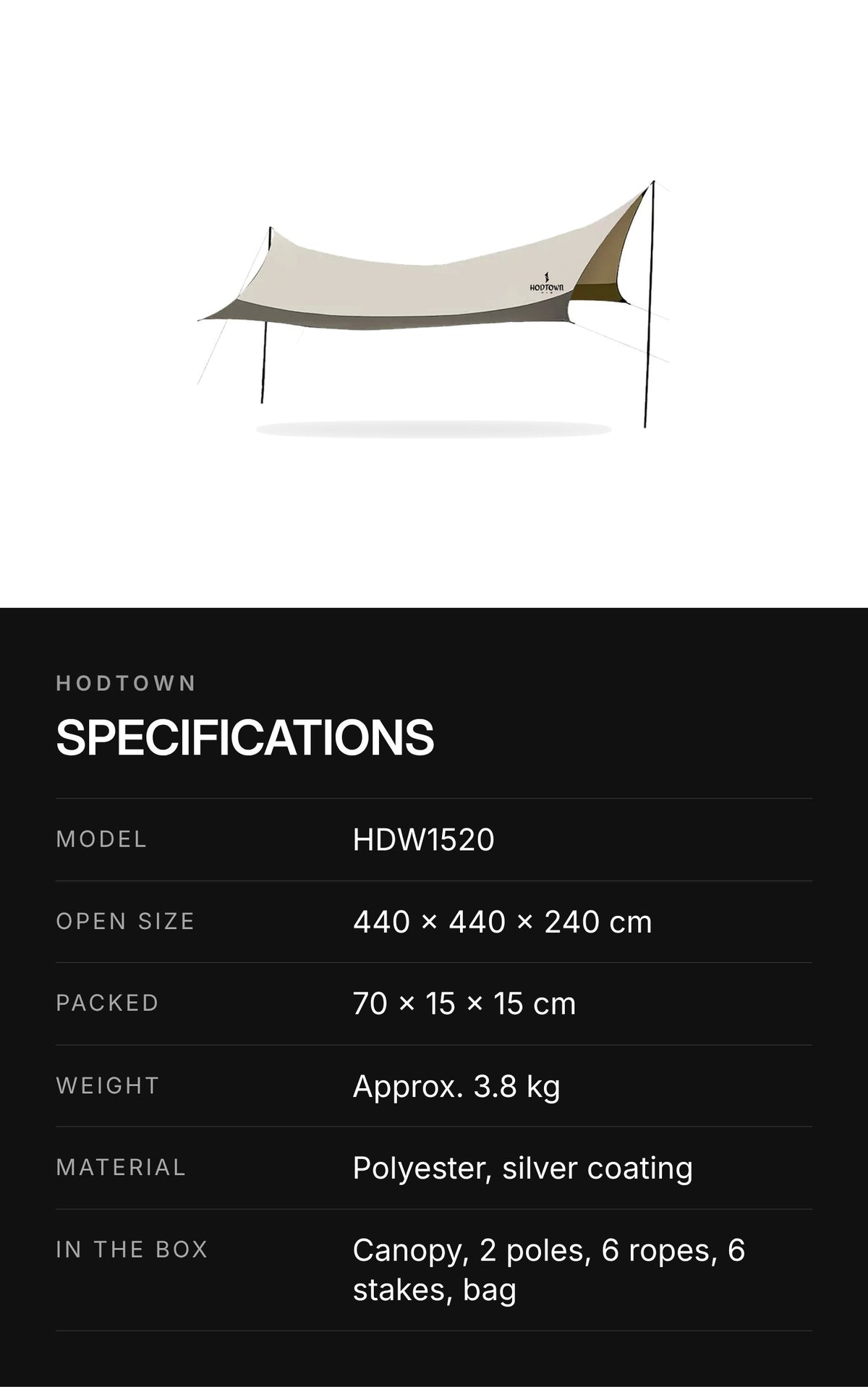 HODTOWN HDW1520 Hexagon Camping Canopy 440 × 440 cm – highlights: specs