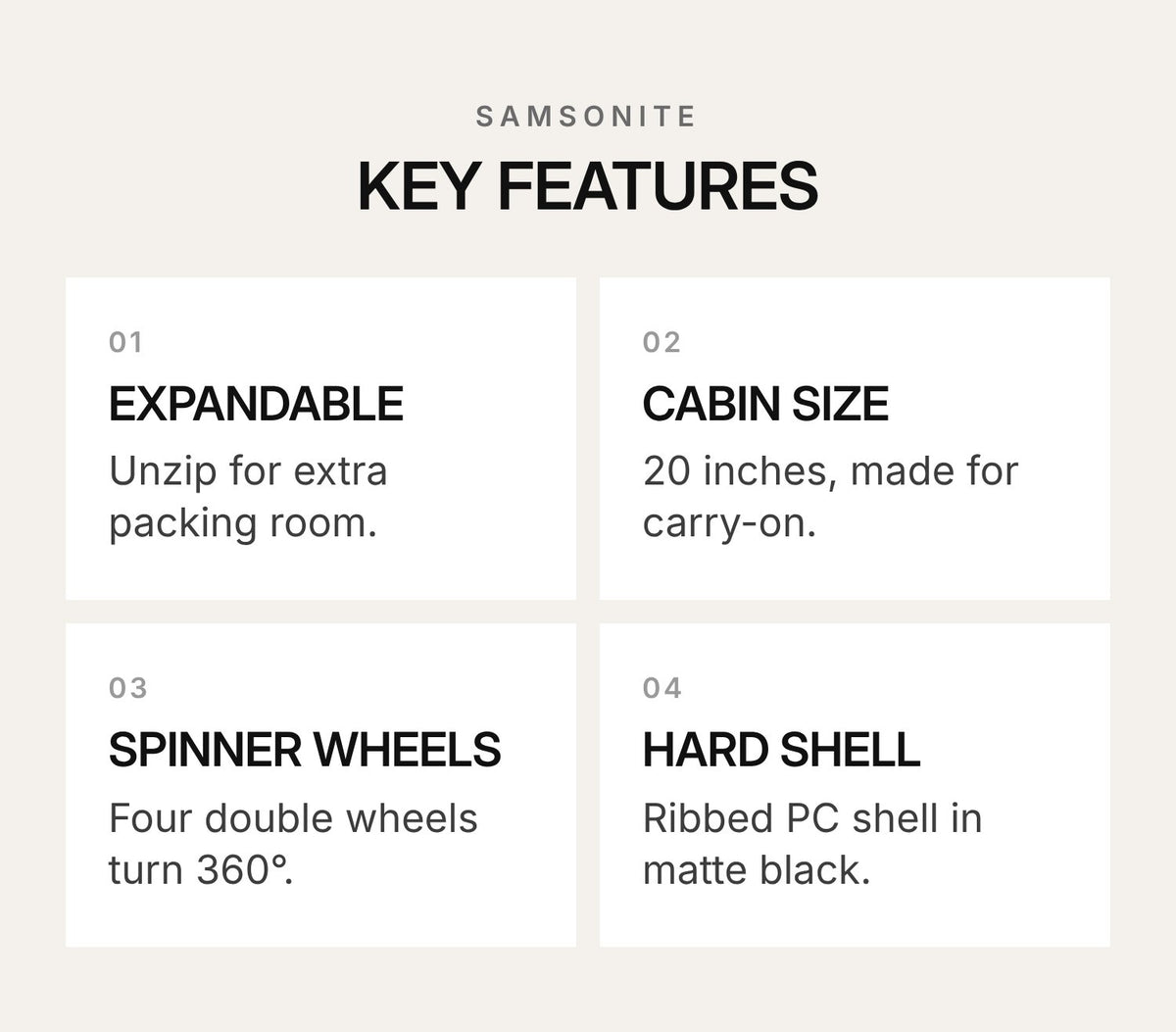 Samsonite DZ1 20-Inch Expandable Spinner Suitcase – Black – highlights: features