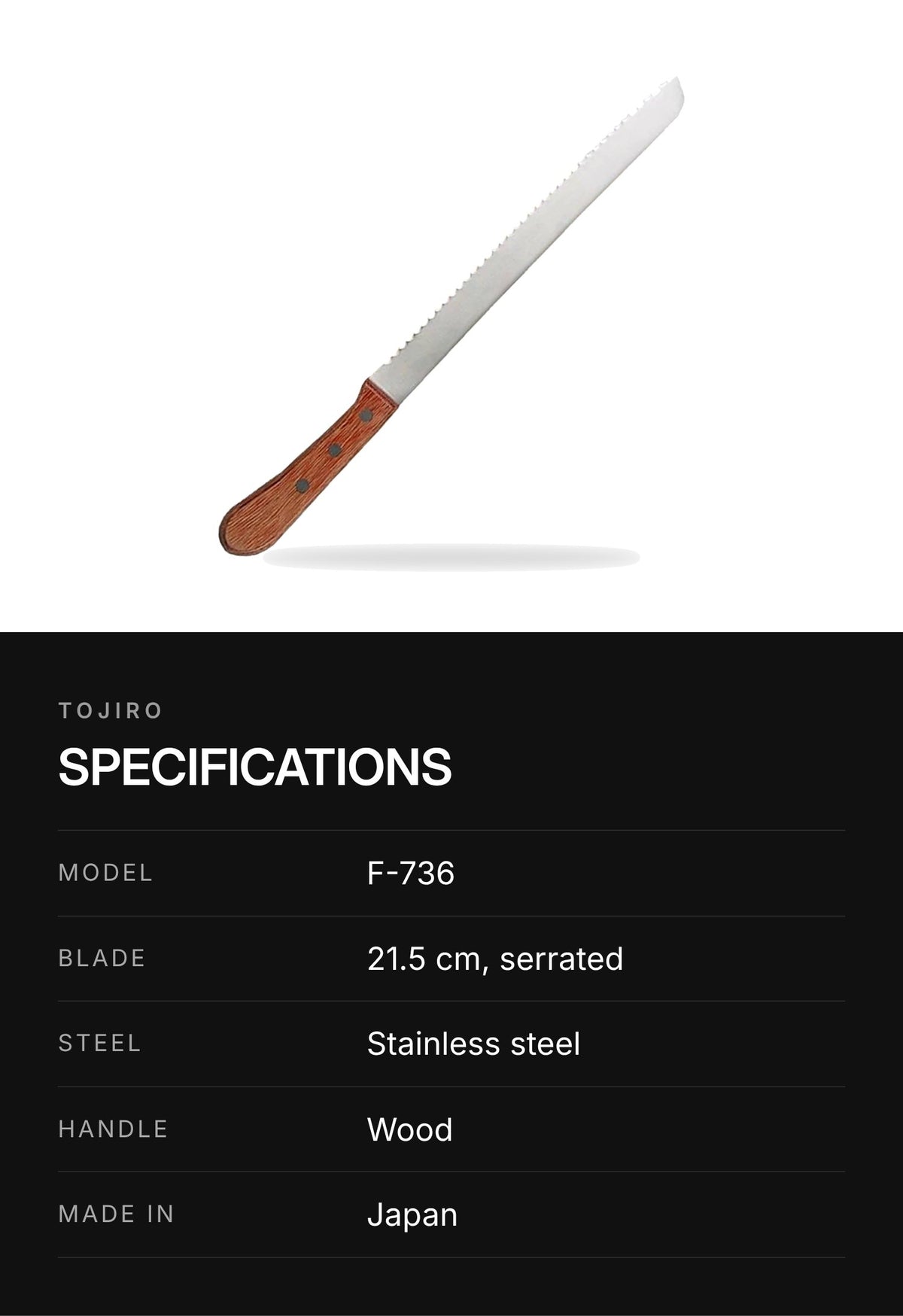 Tojiro F-736 Bread Knife 21.5 cm – highlights: specs