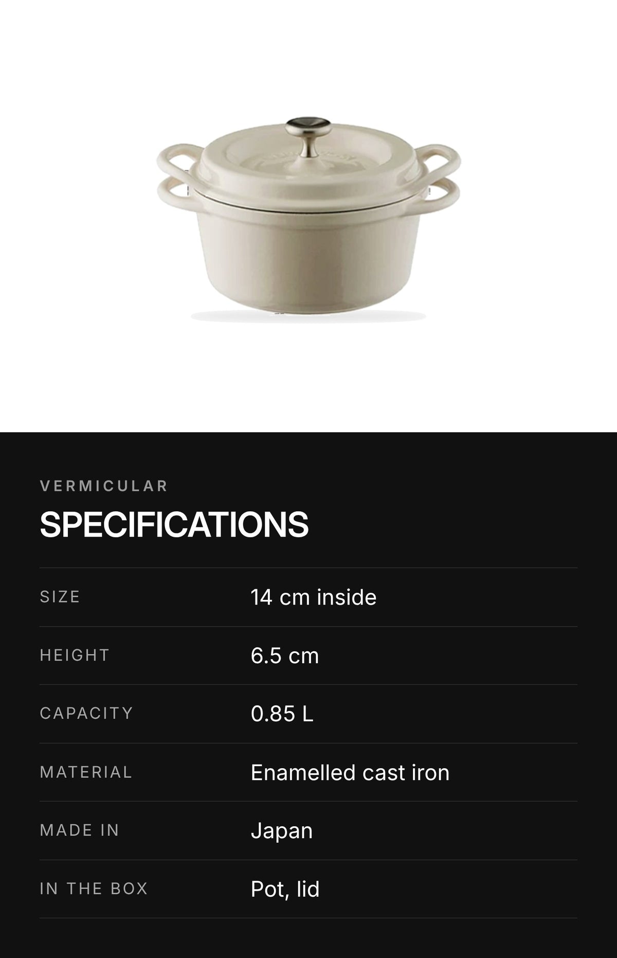 VERMICULAR Enamel Cast Iron Pot 14 cm – highlights: specs