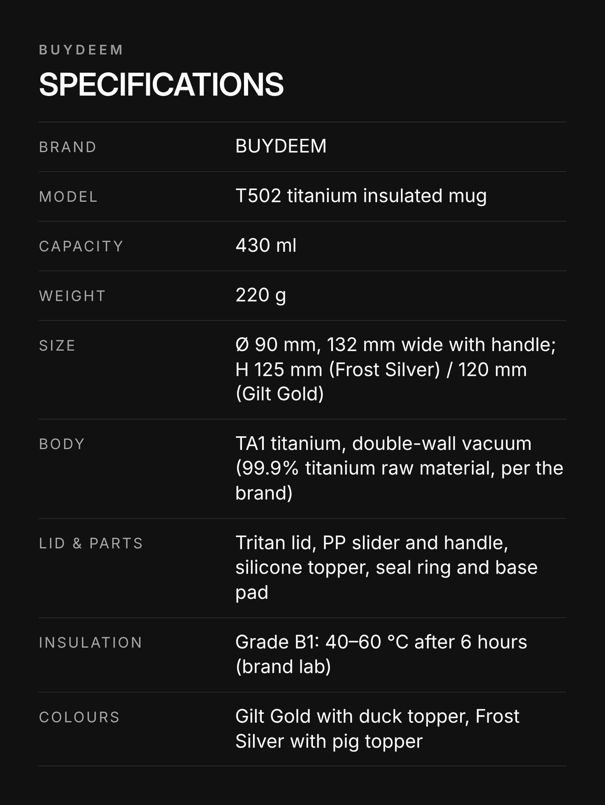 BUYDEEM T502 Pure Titanium Insulated Mug with Lid 430ml