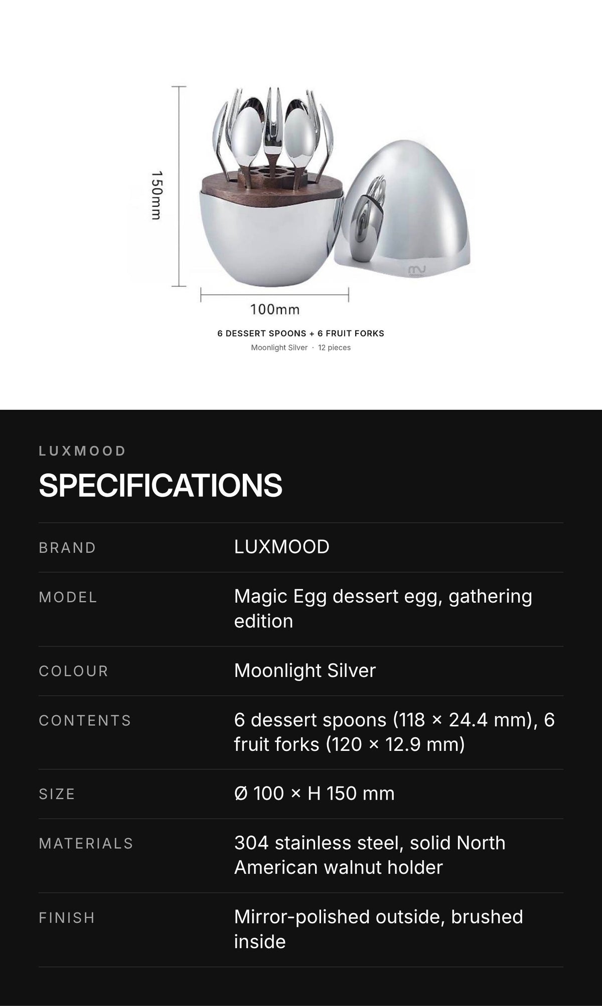 LUXMOOD Magic Egg Dessert Spoon & Fork Set – 12 Pieces, Moonlight Silver