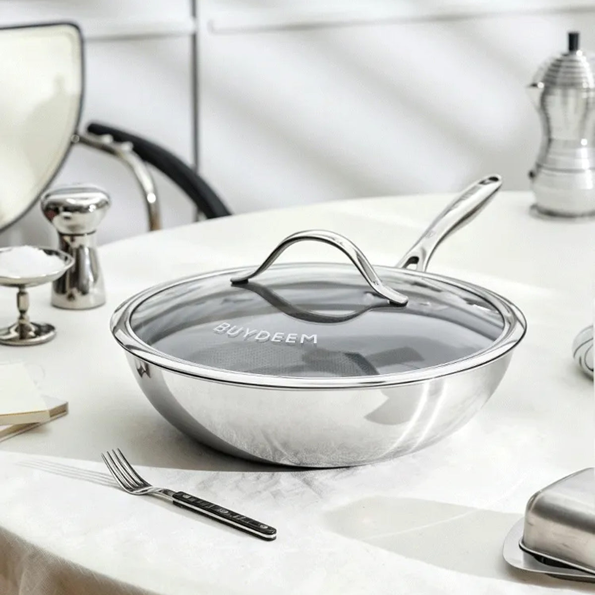 BUYDEEM 32cm Pure Titanium Wok with Glass Lid