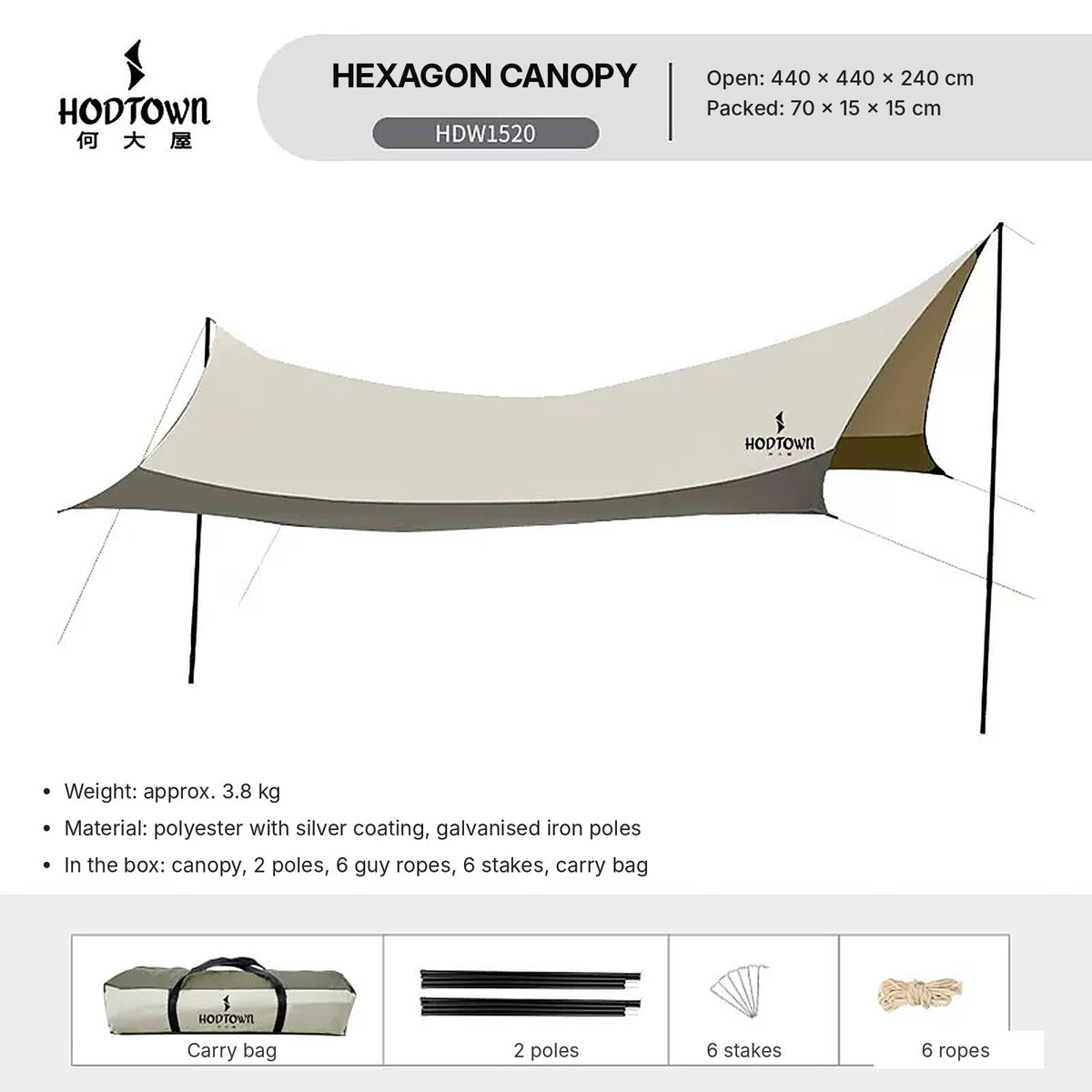 Buy HODTOWN HDW1520 Hexagon Camping Canopy 440 × 440 cm Online in Dubai, Abu Dhabi, UAE