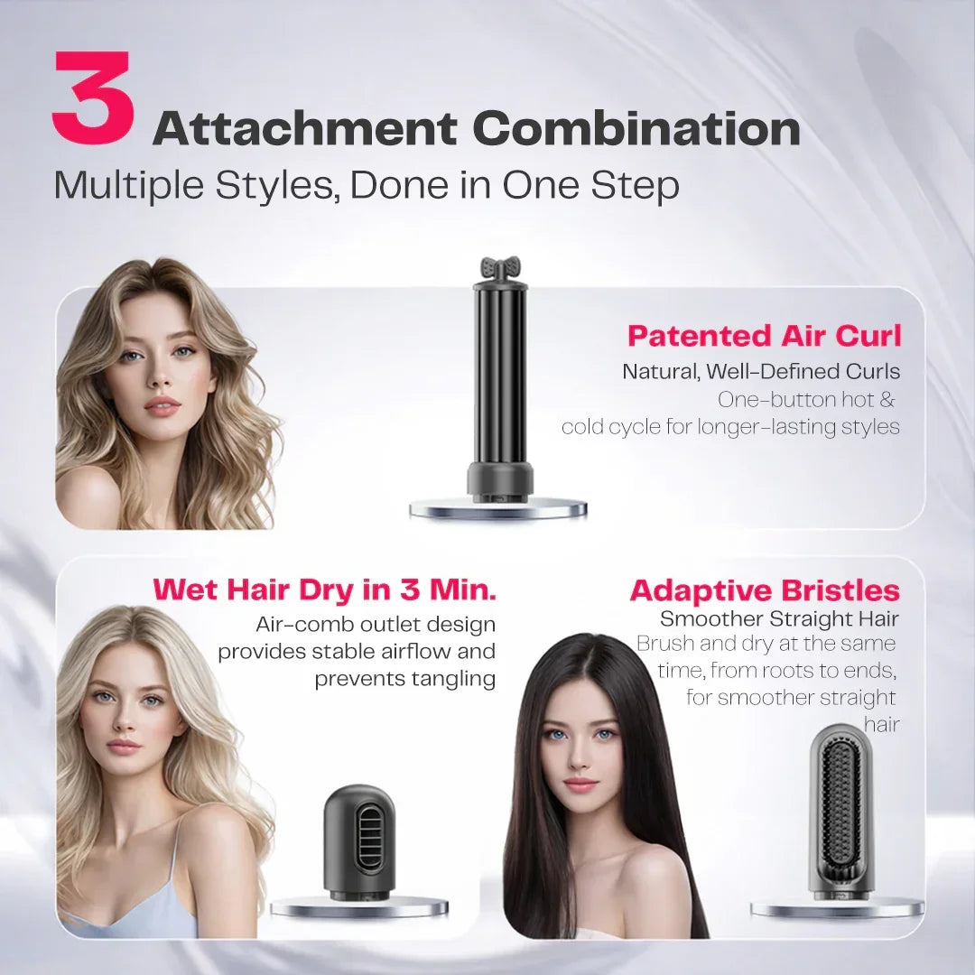 HOCC hair styling tool with three attachments for curling, drying, and straightening hair