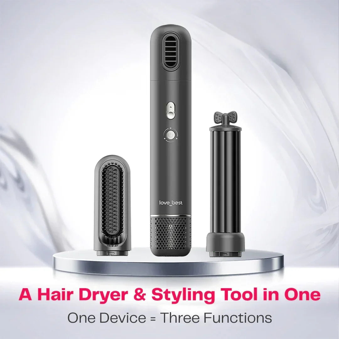 Multi-functional hair dryer and styling tool by love_best with three attachments on display, HOCC UAE online shopping