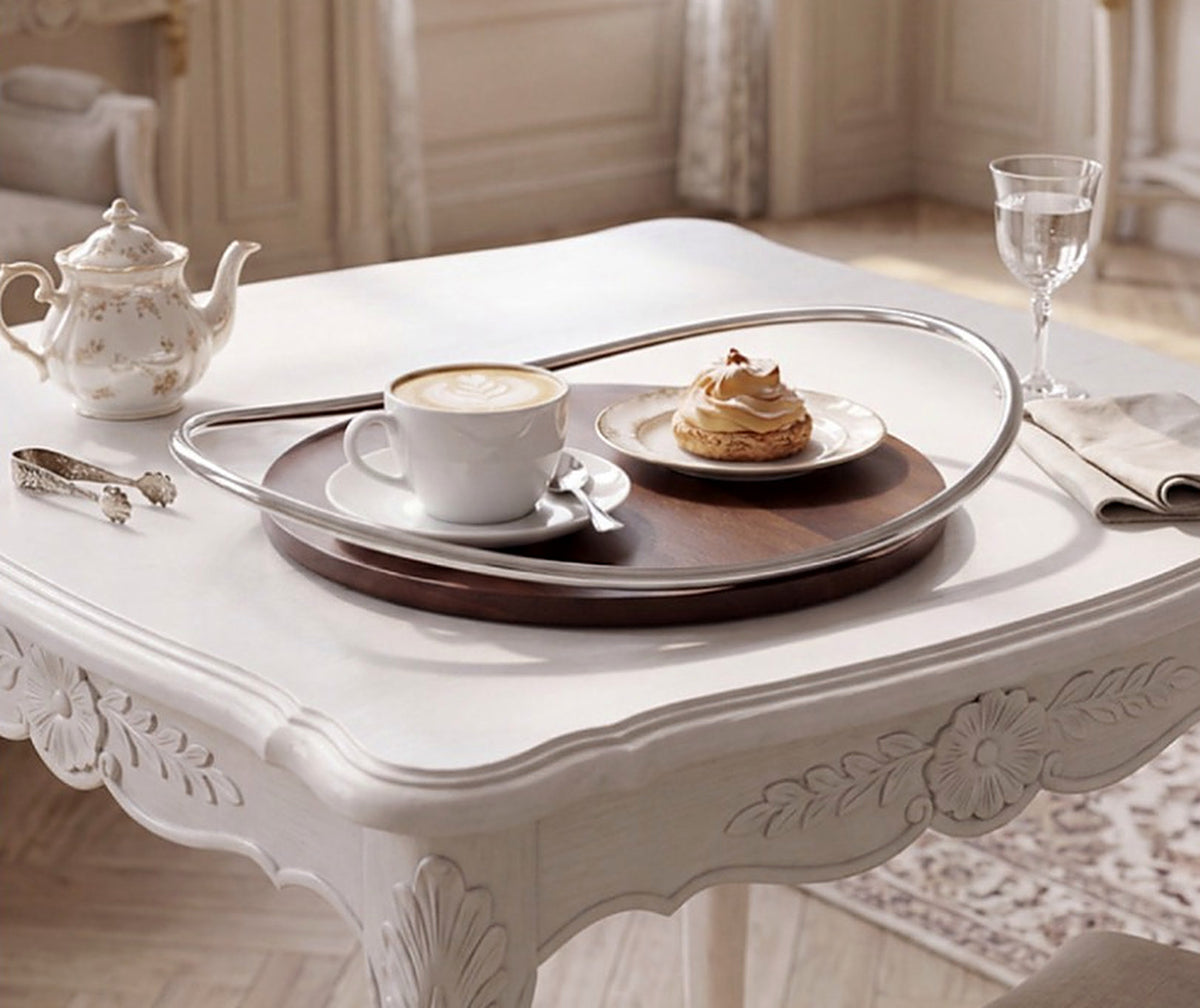 LUXMOOD Hygge Walnut & Stainless Steel Serving Tray – with coffee and cake