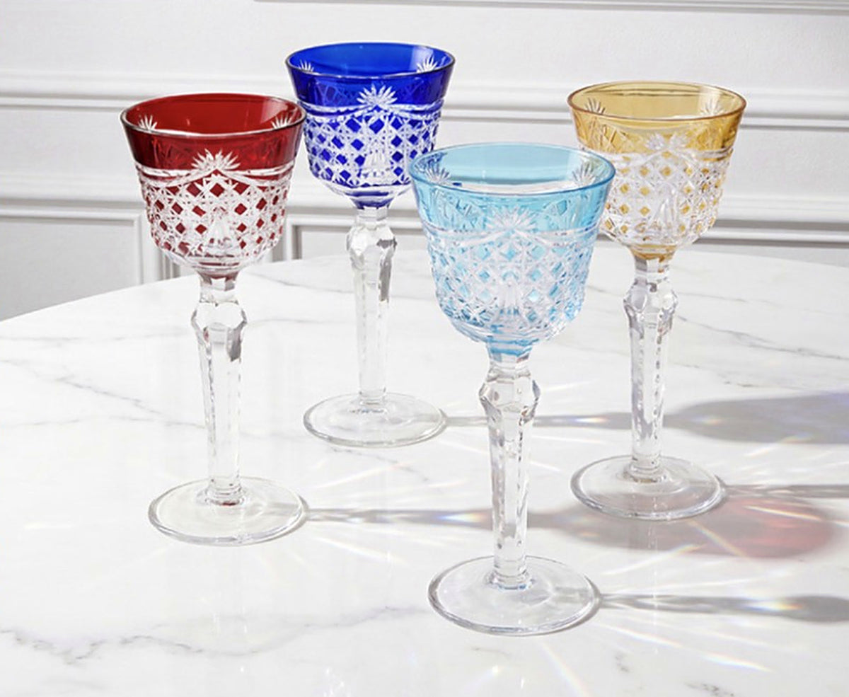 LUXMOOD Rhombus Cut Crystal Champagne Glass 150ml – four colours on a marble table