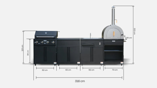 Outdoor kitchen set with grill, sink, pizza oven and measurements labeled in centimeters