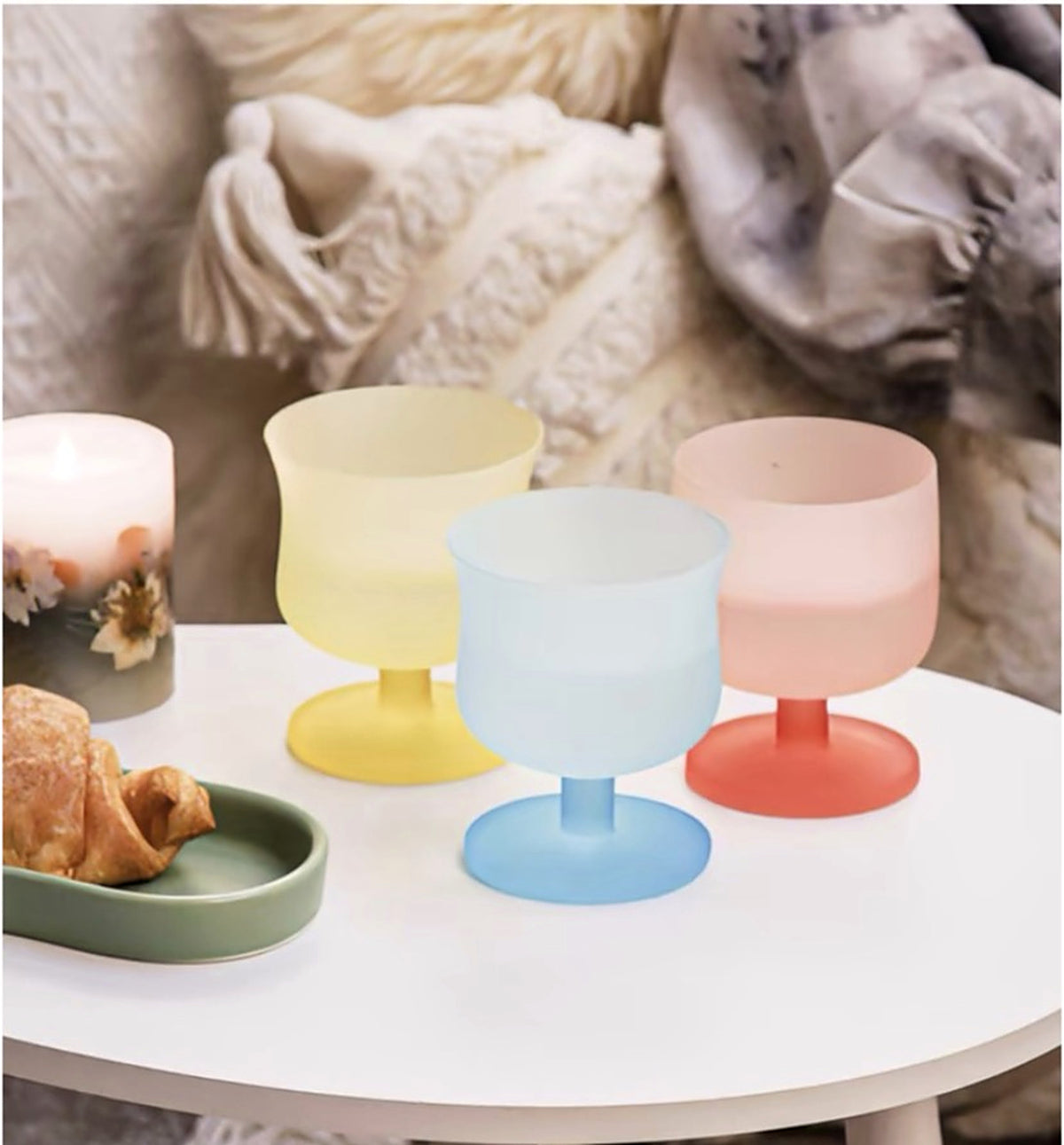 MU16 Candy Series Classic Frosted Glass Goblet – on a coffee table