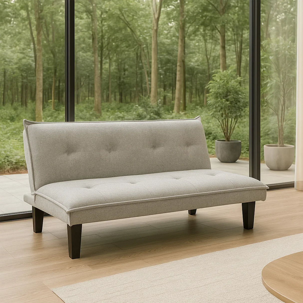 Modern light gray sofabed in a bright living room with large windows and forest view