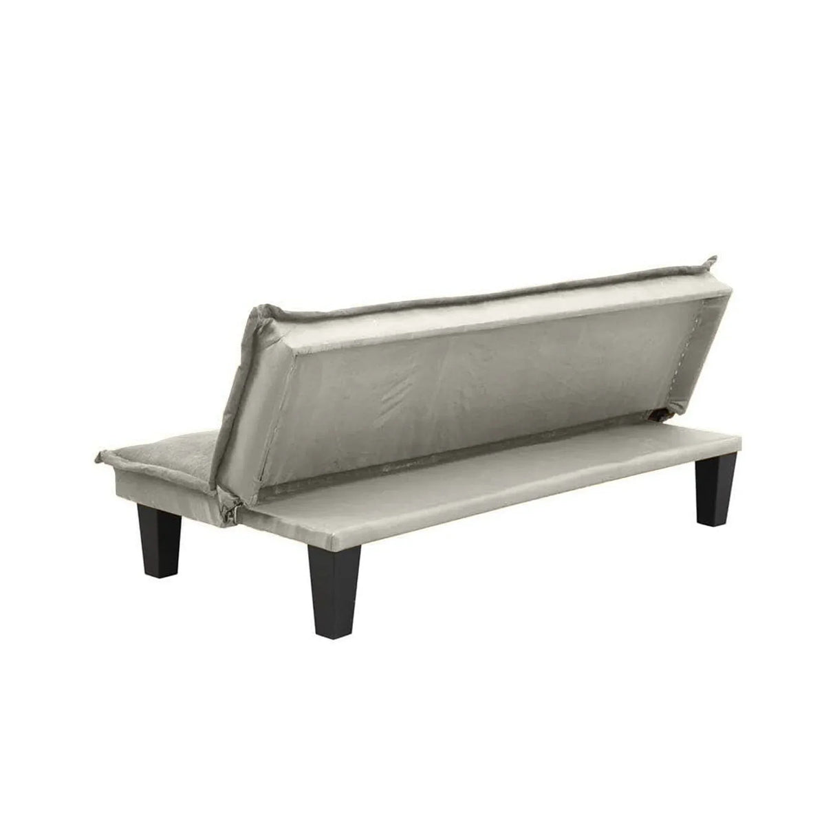 Modern gray convertible sofa bed with black legs, shown from the back on white background