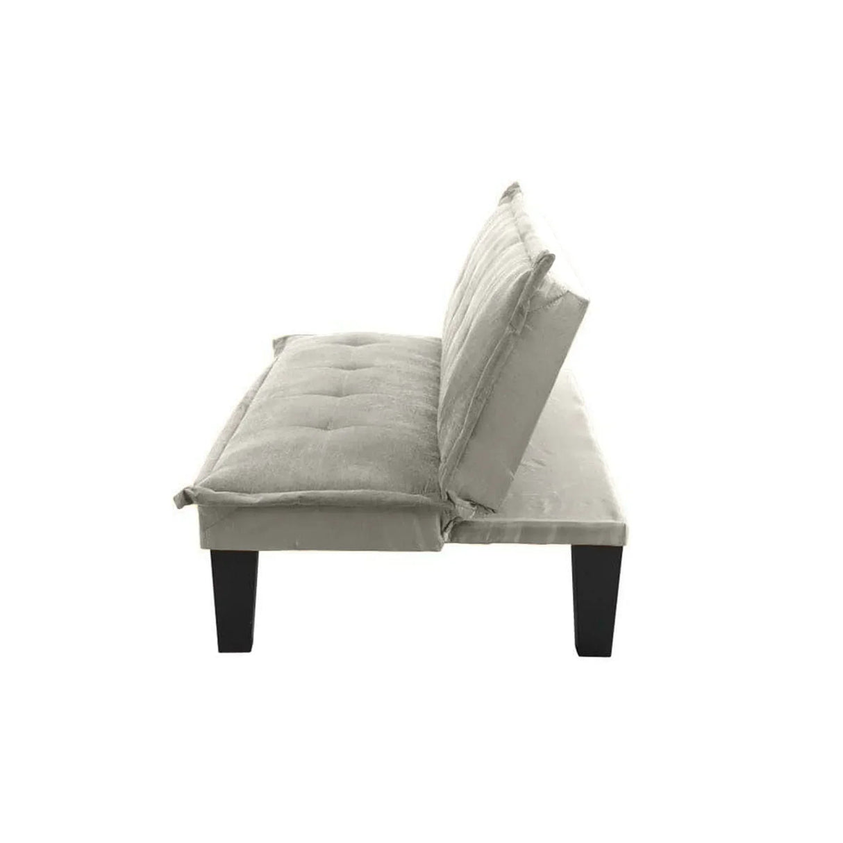 Modern light gray sofa bed with tufted upholstery and black legs, side view