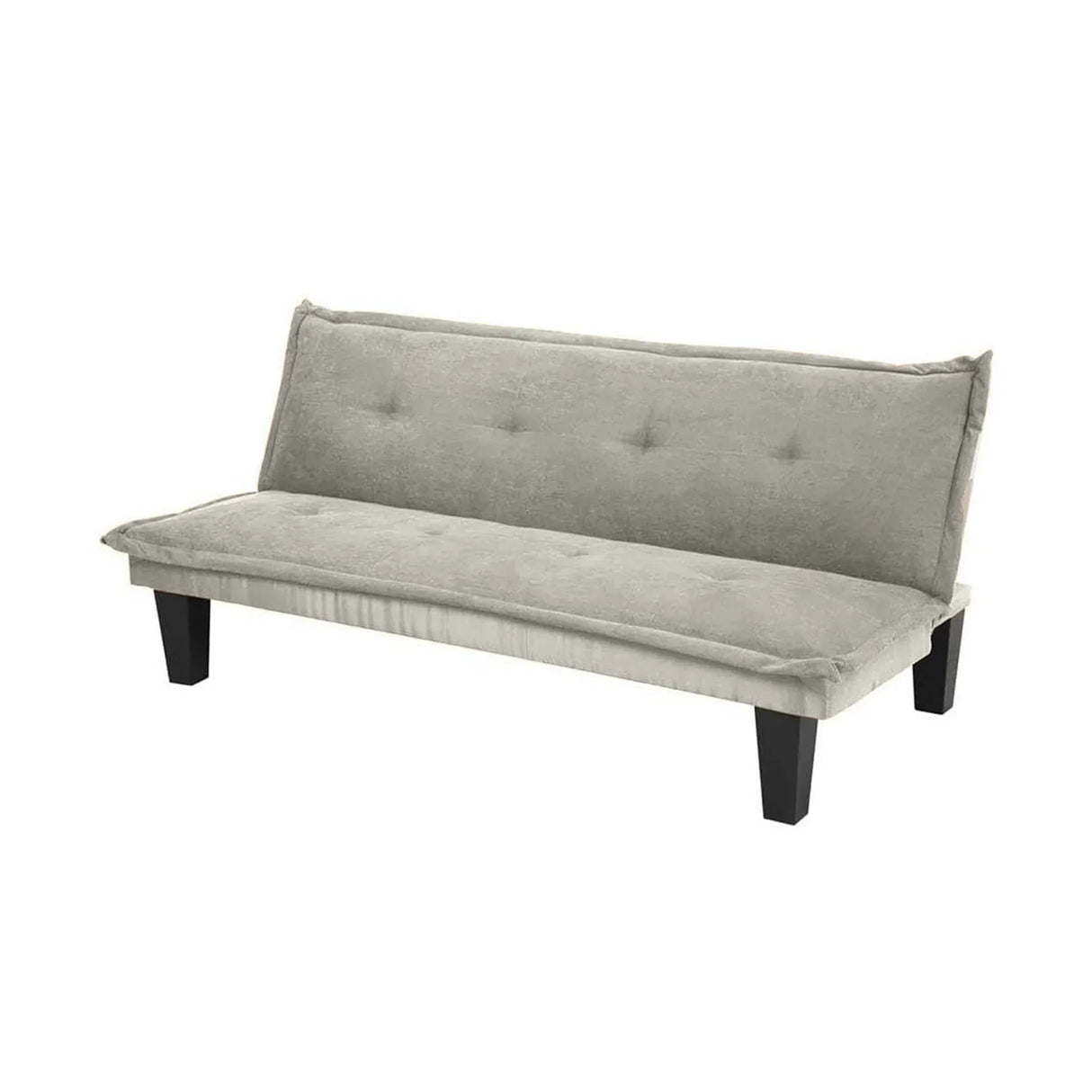 Modern gray upholstered sofabed with tufted design and black legs on white background