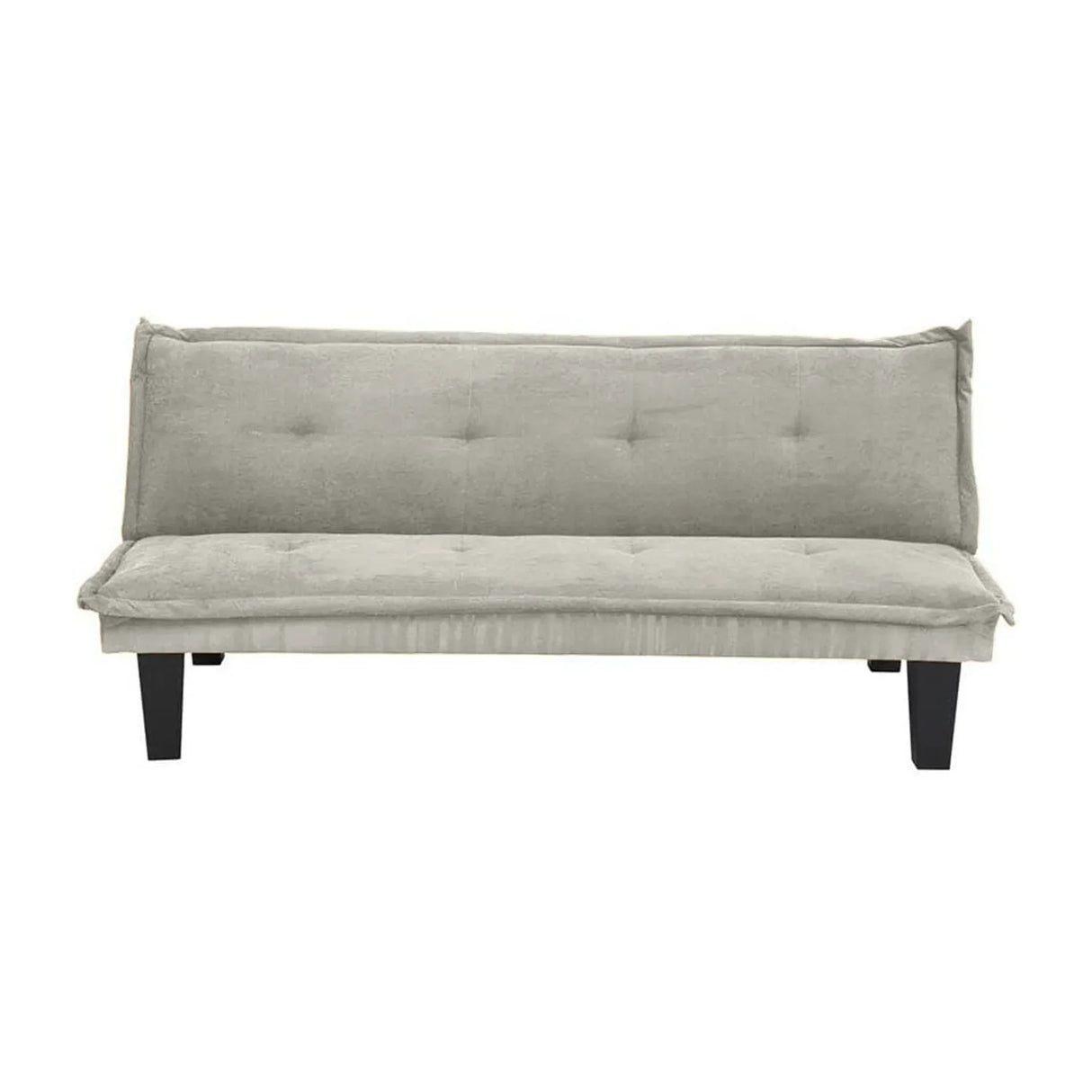 Modern light gray fabric sofabed with tufted cushions and black legs